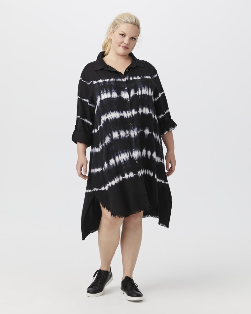 Plus size model with apple body shape wearing Rachel High-Low Shift Dress by East Adeline | Dia&Co | dia_product_style_image_id:151559